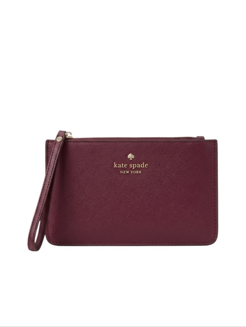 Kate Spade Burgundy Saffiano Leather Wristlet Clutch with Gold Logo